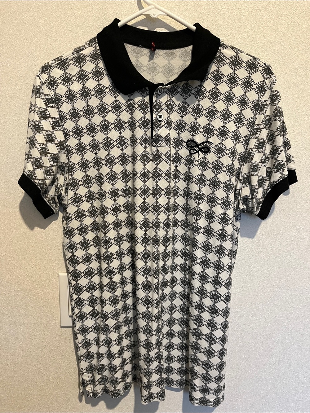 ¡Ay Güey! Men’s Geometric Print Polo Shirt Black White Made in Mexico